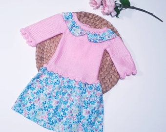 Vêtement ensemble robe fleurie avec col claudine et bonnet béguin tricot fait main bébé fille 12 mois Fabrication Française