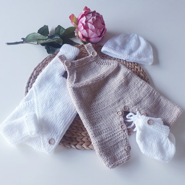 Ensemble salopette brassière gilet kimono cache coeur chaussons et bonnet tricot bébé naissance garçon beige Fabrication Française