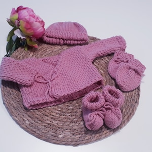 Baby clothes, baby bra, kimono, wrap cardigan, pink hat, booties, mittens, wool, hand-knitted baby, French creation
