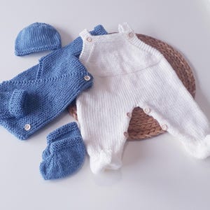 White pajama set, cardigan, kimono, heart-shaped slippers and knitted hat for newborn baby boy, blue, Made in France
