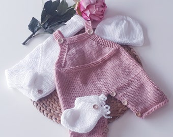 Set of overalls, bra, kimono vest, heart wrap, slippers and knitted hat for baby birth, old pink girl, made in France