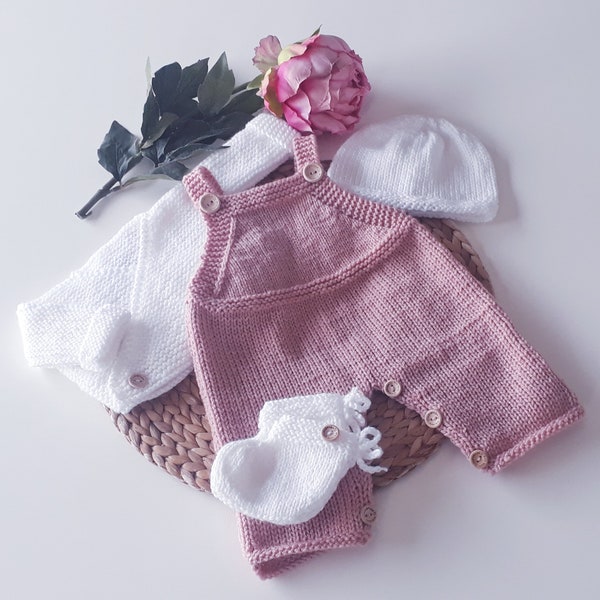 Ensemble salopette brassière gilet kimono cache coeur chaussons et bonnet tricot bébé naissance fille vieux rose Fabrication Française