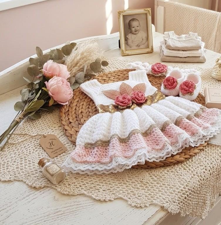 Pink & Gold Crochet Floral Newborn Dress with Headband and Vintage Baby Booties for Photoshoot, Christening, Baby Shower Gift - French Design