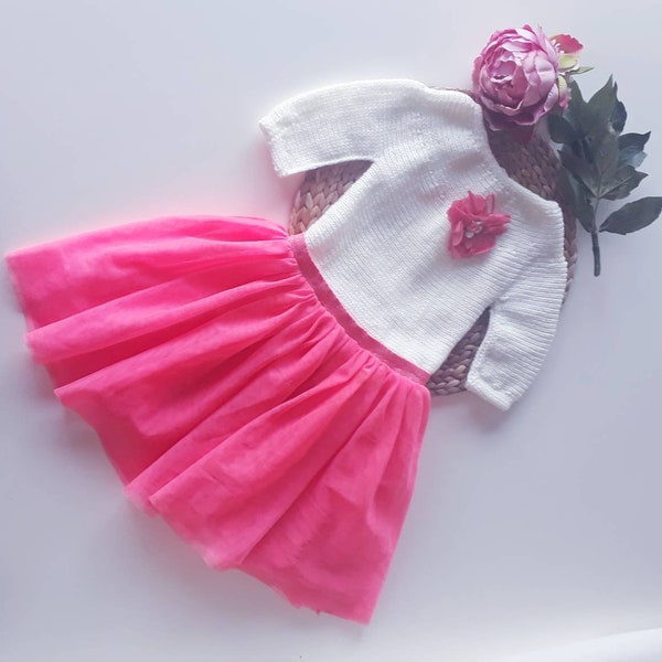 Vêtement robe tulle princesse pour cérémonie baptême mariage fait main au tricot pour fille 3 ans Fabrication Française