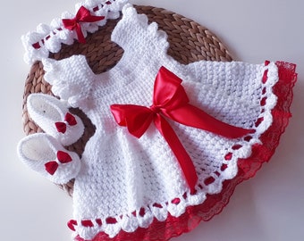 Vêtement bébé fille newborn ensemble robe crochet tricot cérémonie vintage chaussures ballerines  fille 0 à 18 mois fabrication française