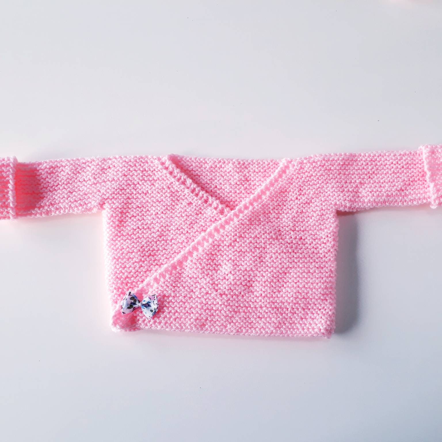 Vêtement layette brassière kimono cache-coeur tricoté main bébé naissance  nouveau né noeud liberty - Fait main avec ♥︎ - Naissance - 0 mois