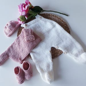 White pajama set, kimono cardigan, heart-shaped slippers and knitted hat for newborn baby girls, pink, Made in France