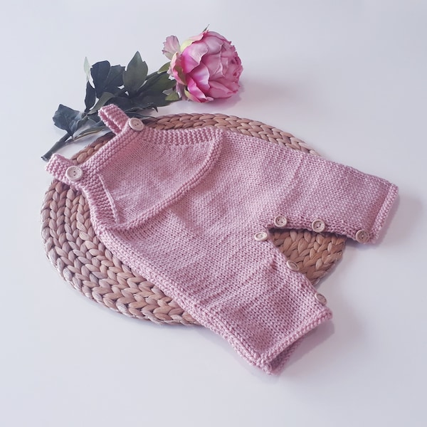 Salopette tricot bébé naissance 0-6 mois fille vieux rose Fabrication Française