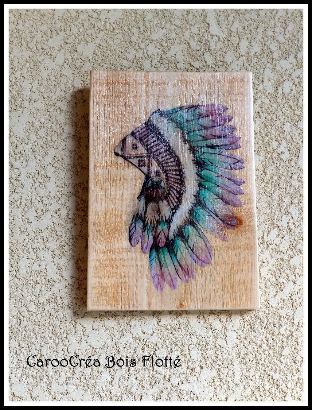 Tableau Décoratif en Bois, Tableau Indien, Boho Style, Transfert sur Décoration Boho, Coiffe Indien