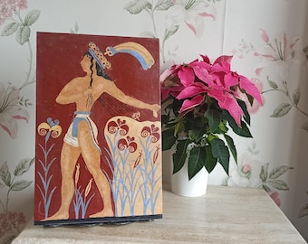 May include: A painting of a person in a red, blue and white outfit standing in a field of flowers. The background is red.