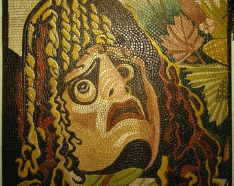 May include: A mosaic artwork depicting a woman's face with a dramatic expression. The mosaic is made of small, colorful tiles and features a detailed design of the woman's hair, eyes, and mouth.