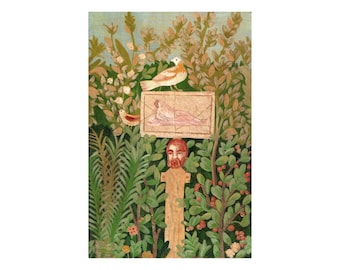 May include: A mosaic depicting a stylized garden scene with a central figure with a beard and a red face. The figure is surrounded by green foliage, flowers, and birds. A rectangular panel above the figure shows a reclining nude figure.