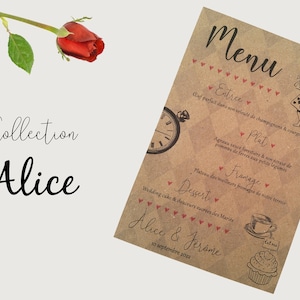 Peut inclure: Un menu imprimé sur du papier kraft avec un thème d'Alice au Pays des Merveilles. Le menu présente une montre de poche, une tasse à thé et un cupcake. Le texte sur le menu indique "Menu", "Entrée", "Plat", "Fromage", "Dessert", "Alice & Jérôme", et "21 septembre 2023".