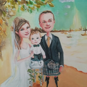 Custom portrait illustration for three people + Costume +Back ground, Wedding portrait, Anniversary, personalised prersent