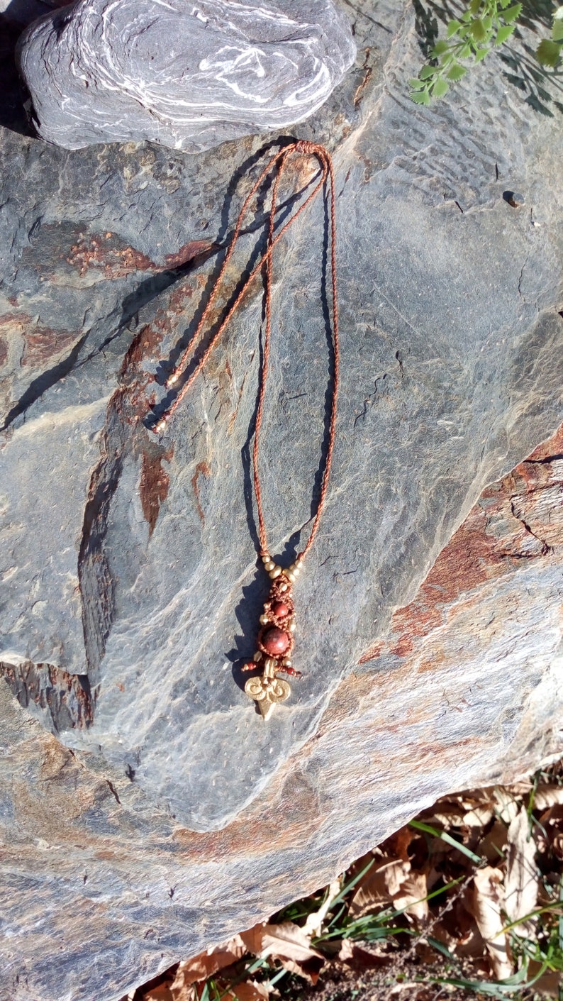 Macram\u00e9 pendant with two natural red jasper beads Red Jaspe