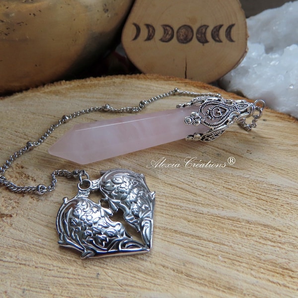 Pendule Divinatoire avec pointe en pierre naturelle de Quartz rose et pendentif Ailes d'Ange