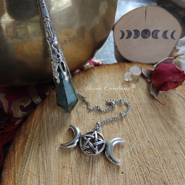 Pendule divinatoire avec pointe en Jaspe Kambaba et pendentif Hibou et Lune, Graine de vie ou Pentacle triple Lune