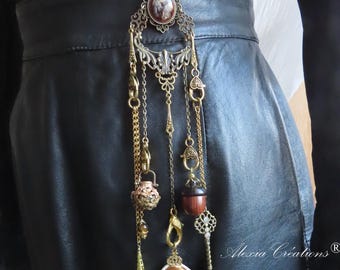 Autumn Witch Chatelaine with bronze and antique gold-colored metal. Witchy belt jewelry.