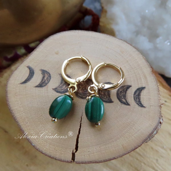 Huggies earrings in Gold Plated and Malachite natural stone