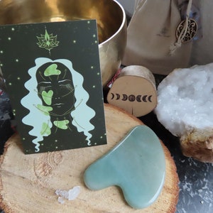 Carte illustrée faite main mode d'emploi pour Gua Sha en pierre gemme naturelle d'Aventurine verte