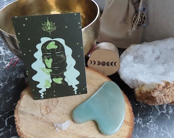 Carte illustrée faite main mode d'emploi pour Gua Sha en pierre gemme naturelle d'Aventurine verte