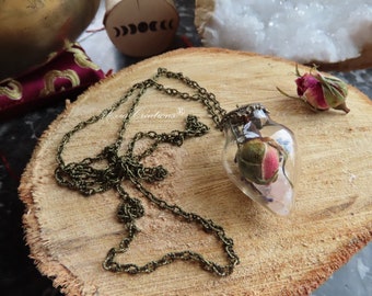 Pendule Divinatoire ou Sautoir avec goutte en verre, cristaux de quartz rose, Lavande vraie et bouton de Rose. Breloque Arbre de Vie