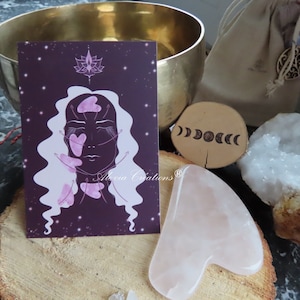 Carte illustrée faite main mode d'emploi pour Gua Sha en pierre gemme naturelle de quartz rose