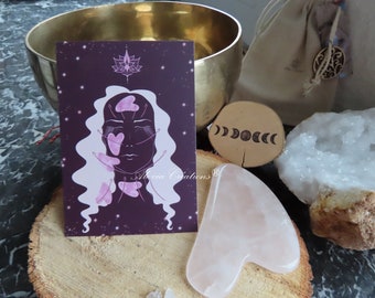 Handmade illustrated card instructions for use for Gua Sha in natural rose quartz gemstone