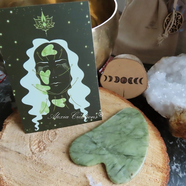 Handmade illustrated card instructions for Gua Sha in natural dark green New Jade gemstone