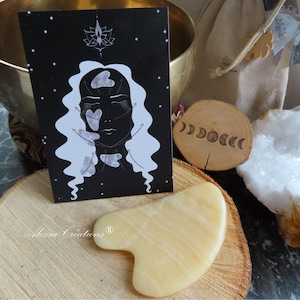 Carte illustrée faite main mode d'emploi pour Gua Sha en pierre gemme naturelle de Calcite jaune