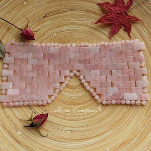 Hand-assembled rose quartz beaded eye mask with knotted thread