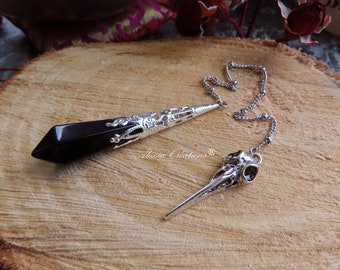 Divinatory pendulum with large Black Obsidian tip and Moth or Raven Skull pendant