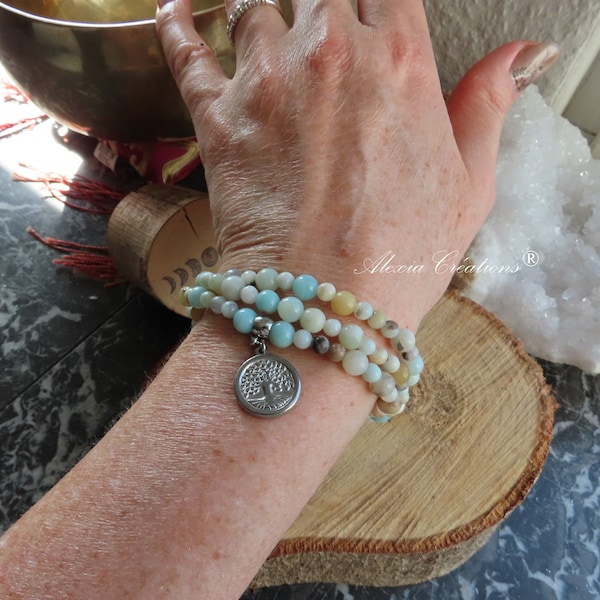 Bracelet / Collier Mala 108 perles en pierre naturelle Amazonite, pendentif Arbre de Vie.