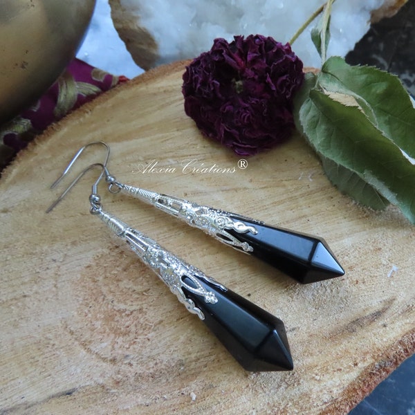 Longues Boucles d'oreilles Féériques en Quartz Rose ou Obsidienne Noire