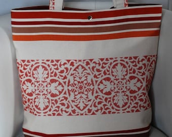 Tote bag red/orange/brown/white upholstery fabric