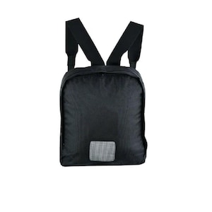 May include: A black backpack with adjustable straps and a small mesh pocket on the front.
