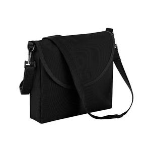 May include: A black messenger bag with a flap closure and adjustable shoulder strap. The bag is made of a durable fabric and features a rectangular shape with rounded edges on the flap. The strap is attached with metal hardware.