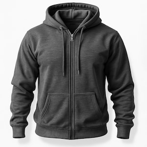 May include: A charcoal gray zip-up hoodie with a drawstring hood and front pockets. The jacket has a full-length zipper and ribbed cuffs and hem. The fabric appears to be a soft, comfortable material.