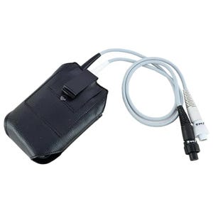 May include: A black leather case with a clip for a handheld device, with a grey cable and two black connectors.