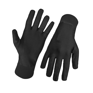 May include: A pair of black gloves, displayed against a white background. The gloves are made of a smooth, dark fabric, with a ribbed cuff at the wrist. The fingers are fully formed, and the gloves appear to be new.