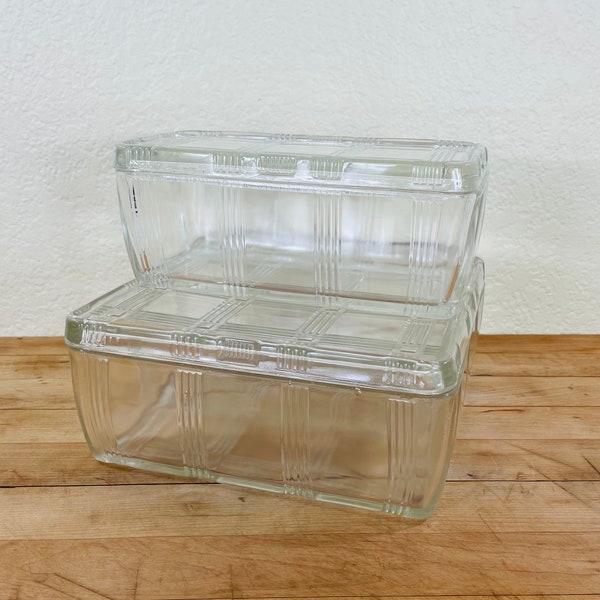 Set of 2 - Large and Med Hazel Atlas Clear Pressed Refrigerator Dishes & Lids with Criss Cross Pattern Food Storage Covered Dishes