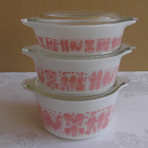 Pyrex Pink Butterprint 3 Piece Bake-Serve-Store Casserole set with Matching lids; #471, #472 & #473