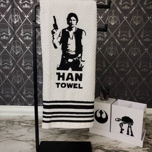 A "Han Towel" Embroidered on a White Kitchen/Bar Towel with Stripe on bottom