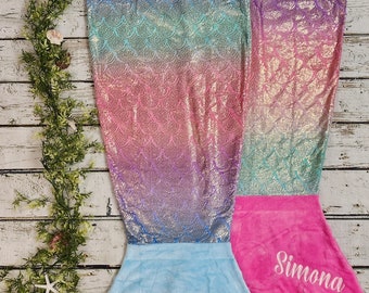 Personalized metallic fleece mermaid tail blanket