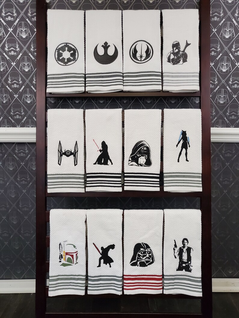 Star Wars Inspired Embroidery on White Kitchen/Bar Towel with Stripe on bottom