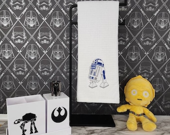 Nuevo bordado de R2D2 en toalla de tela tipo gofre y felpa
