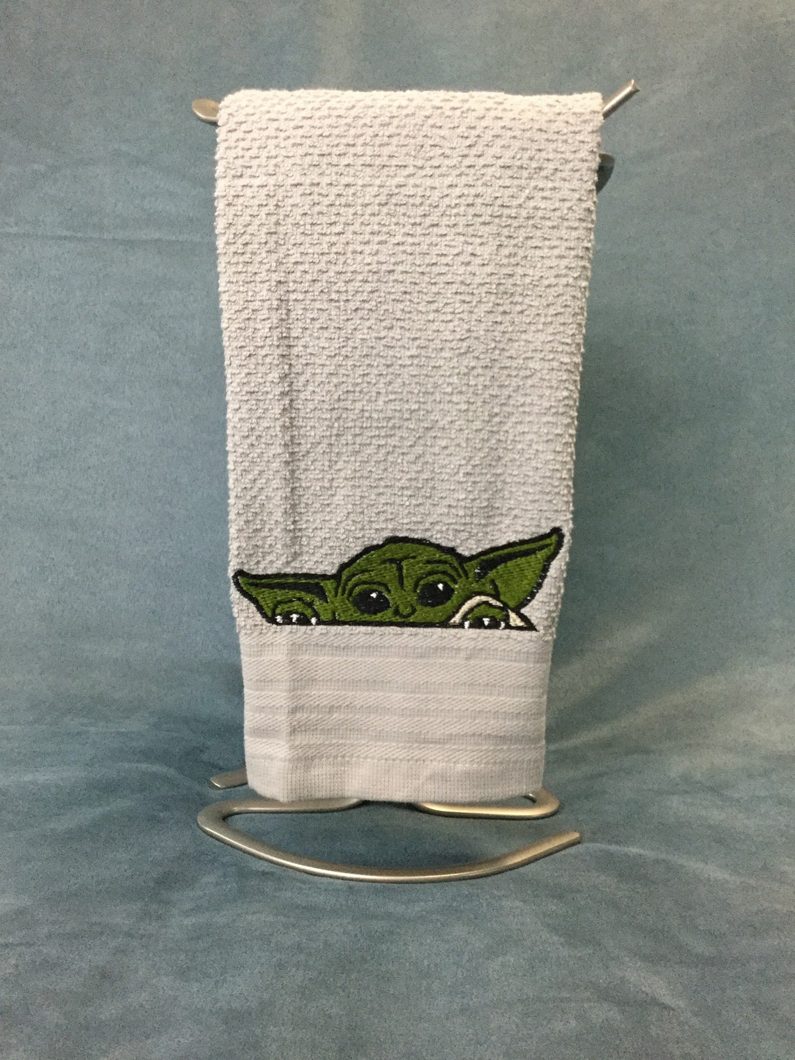 Baby Yoda embroidery on a Solid color kitchen towel Etsy