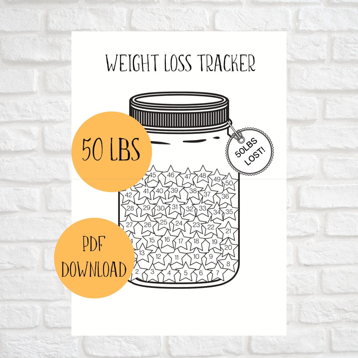 Weight Loss Tracker Jar 50LBS Printable, Body Measurement Tracking 50