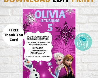 EDITIERBARE Frozen-Geburtstags-Einladung, Anna und Elsa lädt ein, Frozen-Party-Einladungskarte, selbst bearbeitender Text, sofortiger Download zum Ausdrucken