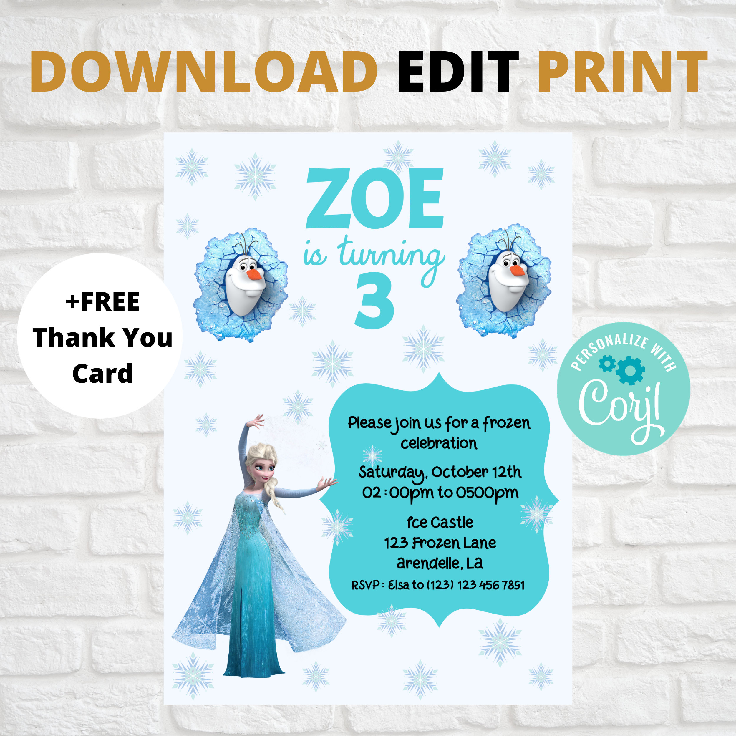 Instant Download Printable Disney Elsa Invites Self Edit Text Editable